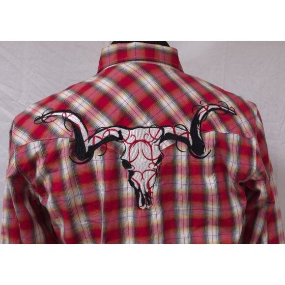 Cowboy Hardware Mens Medium Red Plaid Embroidered Steer Skull Pearl Snap Shirt - Picture 8 of 12